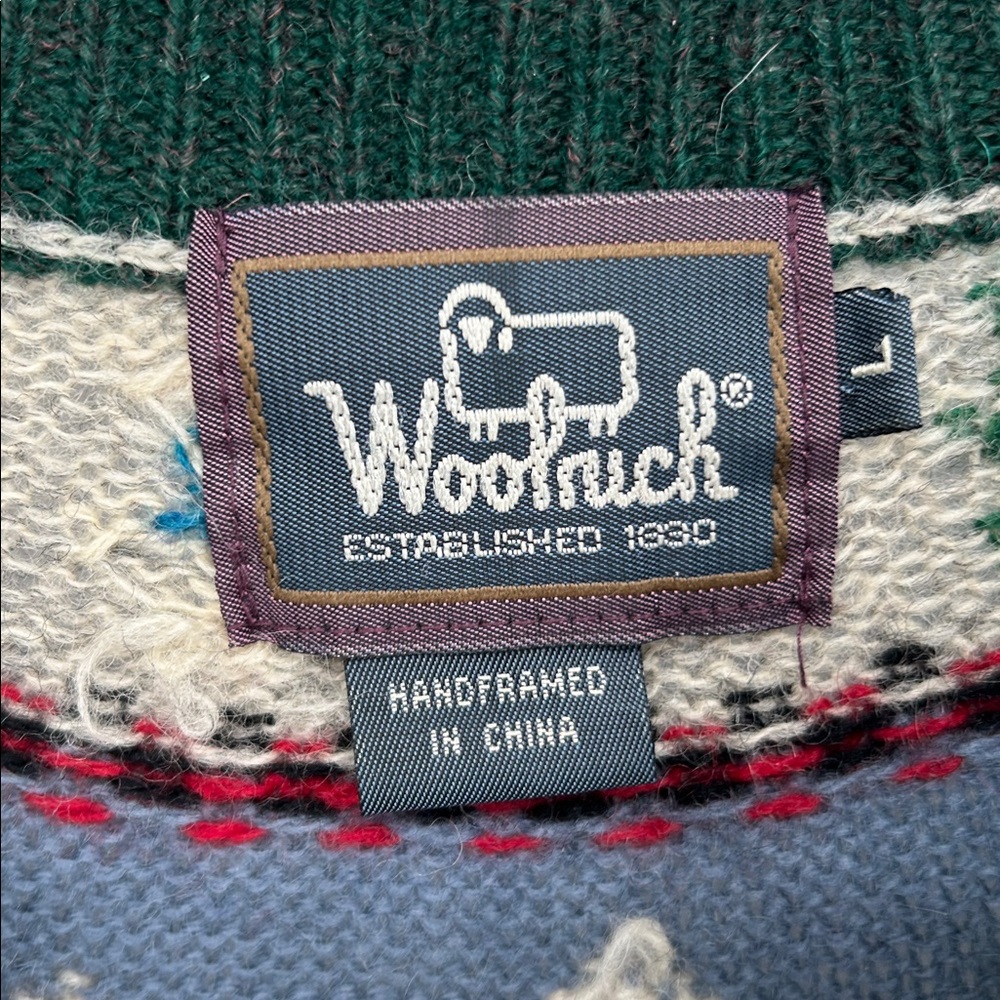 Vintage Woolrich Gray Fair Isle Wool Cardigan Sweater Nordic Button Front Size L - Picture 2 of 11